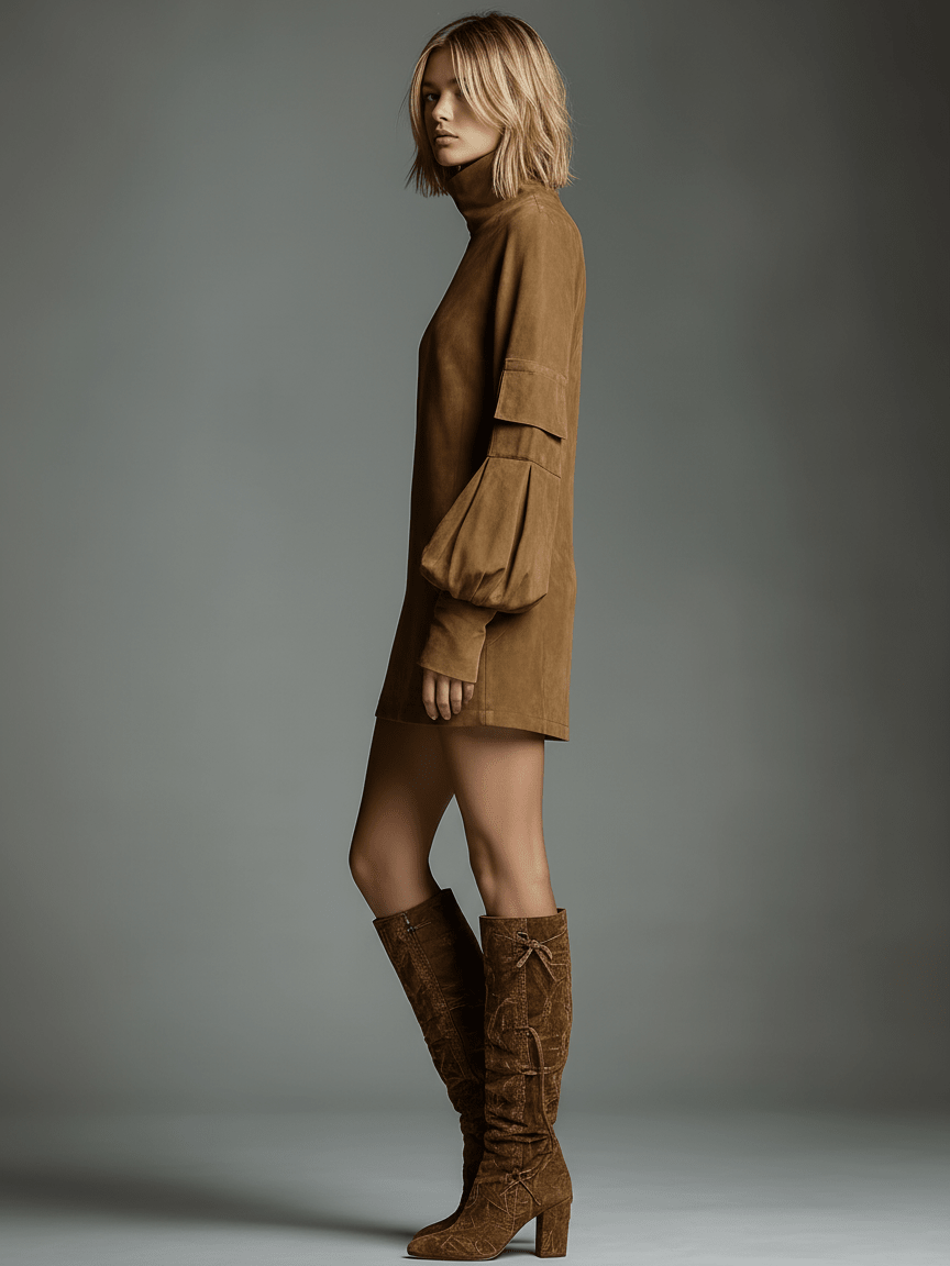 Sukienka Damska Mini | Oversizowy Fason z Golfem i Kieszeniami - Arkadya Outlet - Dresses