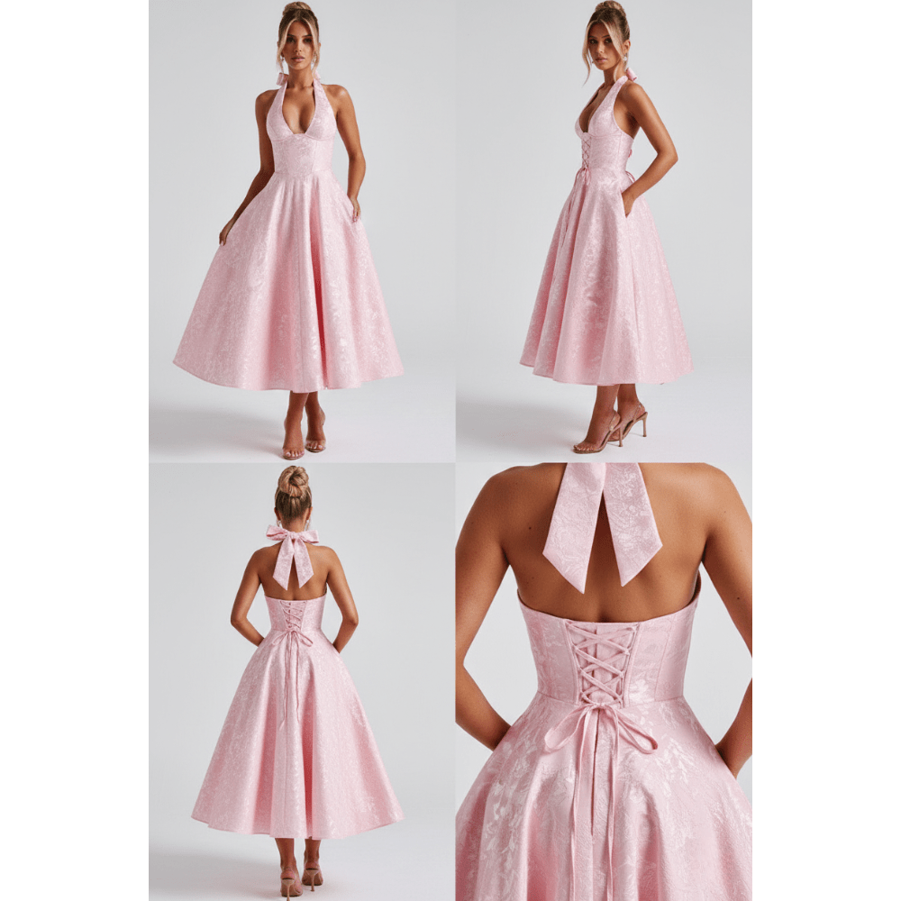 Sukienka damska z dekoltem halter bez rękawów – elegancki krój - Arkadya Outlet - Women Midi Dress