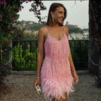 Sukienka koktajlowa damska – dopasowana, cekiny, frędzle - Arkadya Outlet - Women Mini Dress