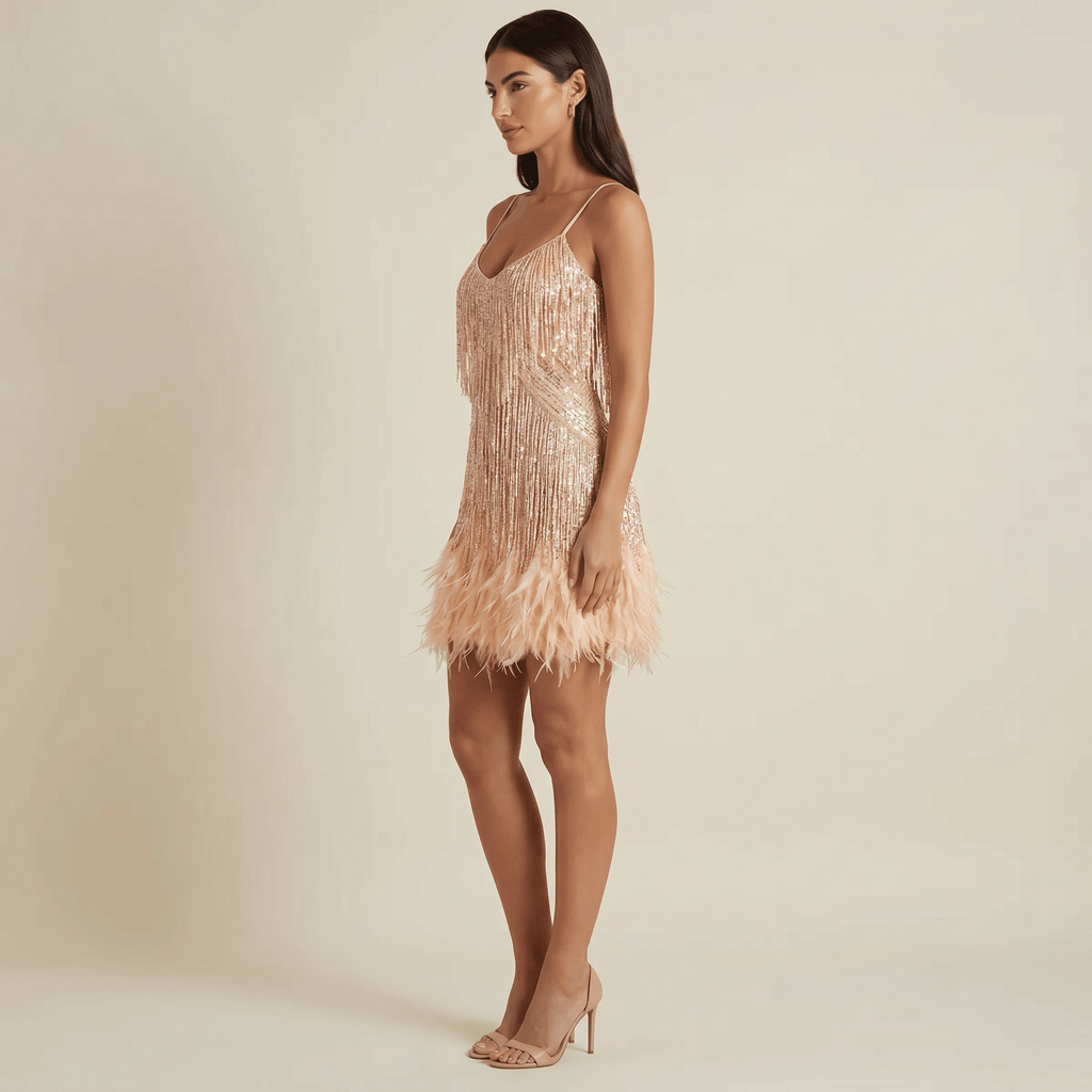 Sukienka koktajlowa damska – dopasowana, cekiny, frędzle - Arkadya Outlet - Women Mini Dress