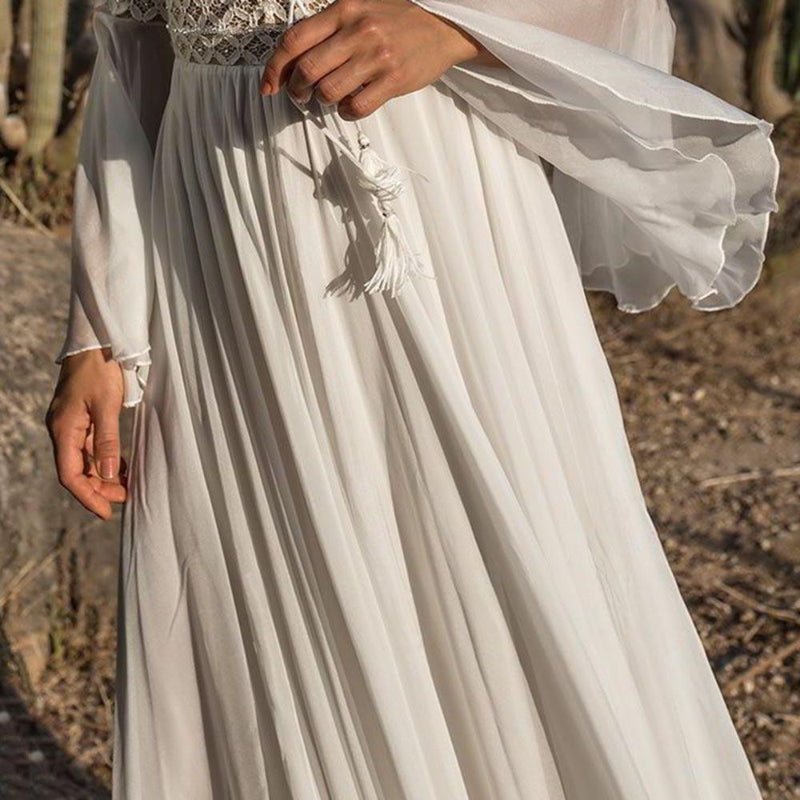 Sukienka maxi A - line z ażurowym gorsetem i długim rękawem - Arkadya Outlet - Women Maxi Dress