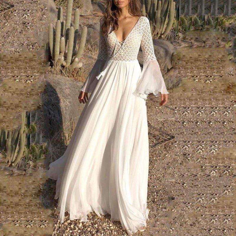 Sukienka maxi A - line z ażurowym gorsetem i długim rękawem - Arkadya Outlet - Women Maxi Dress