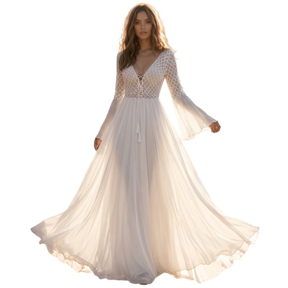 Sukienka maxi A - line z ażurowym gorsetem i długim rękawem - Arkadya Outlet - Women Maxi Dress