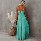 Sukienka maxi damska bez rękawów na ramiączkach z dekoltem w serek – marszczenie pod biustem, wiązanie z tyłu, nadruk - Arkadya Outlet - Women Maxi Dress