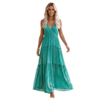 Sukienka maxi damska bez rękawów na ramiączkach z dekoltem w serek – marszczenie pod biustem, wiązanie z tyłu, nadruk - Arkadya Outlet - Women Maxi Dress