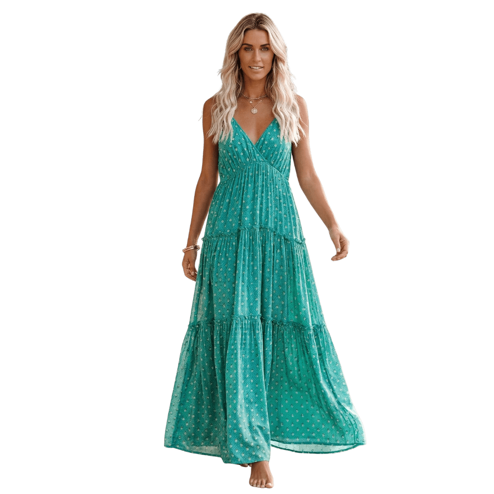 Sukienka maxi damska bez rękawów na ramiączkach z dekoltem w serek – marszczenie pod biustem, wiązanie z tyłu, nadruk - Arkadya Outlet - Women Maxi Dress