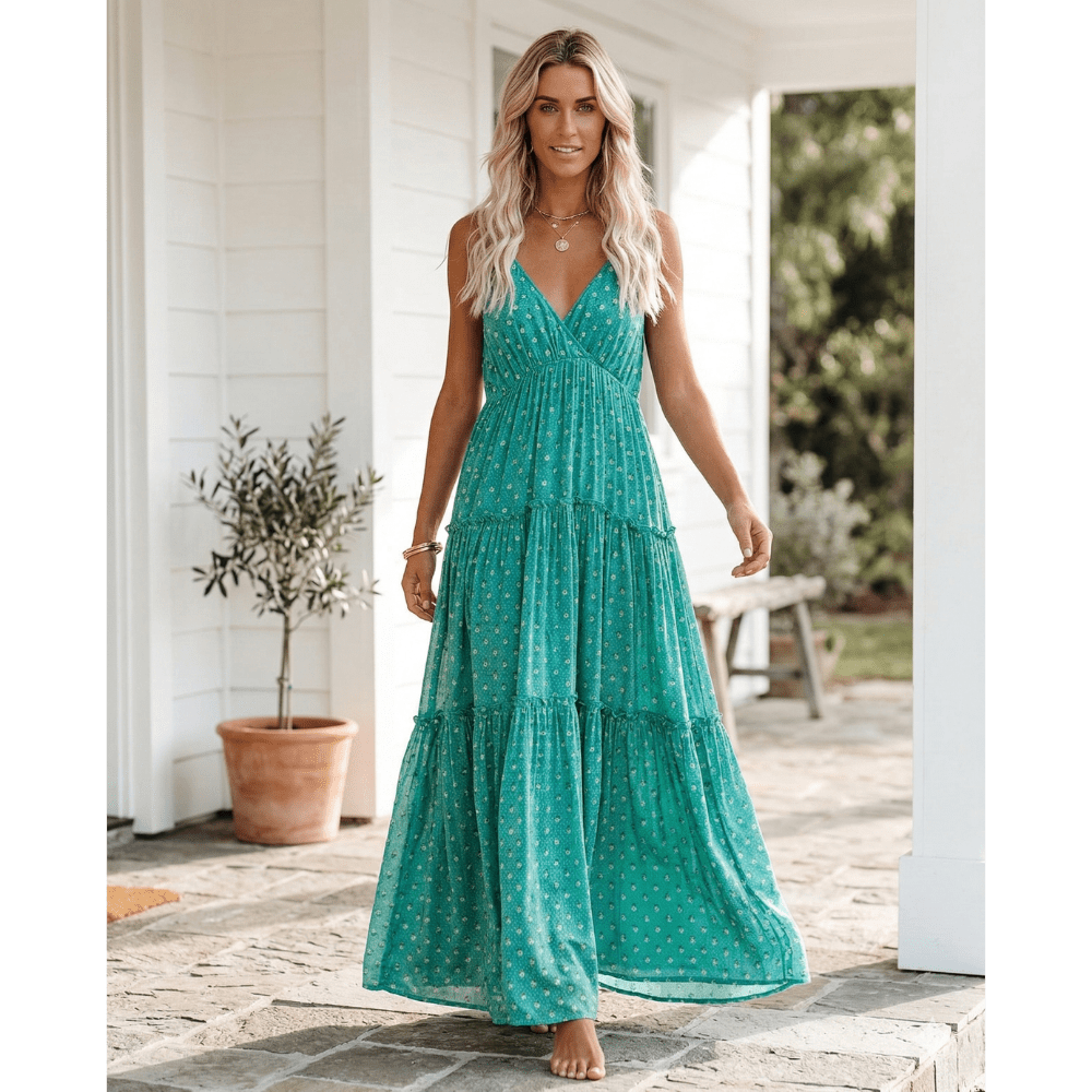 Sukienka maxi damska bez rękawów na ramiączkach z dekoltem w serek – marszczenie pod biustem, wiązanie z tyłu, nadruk - Arkadya Outlet - Women Maxi Dress