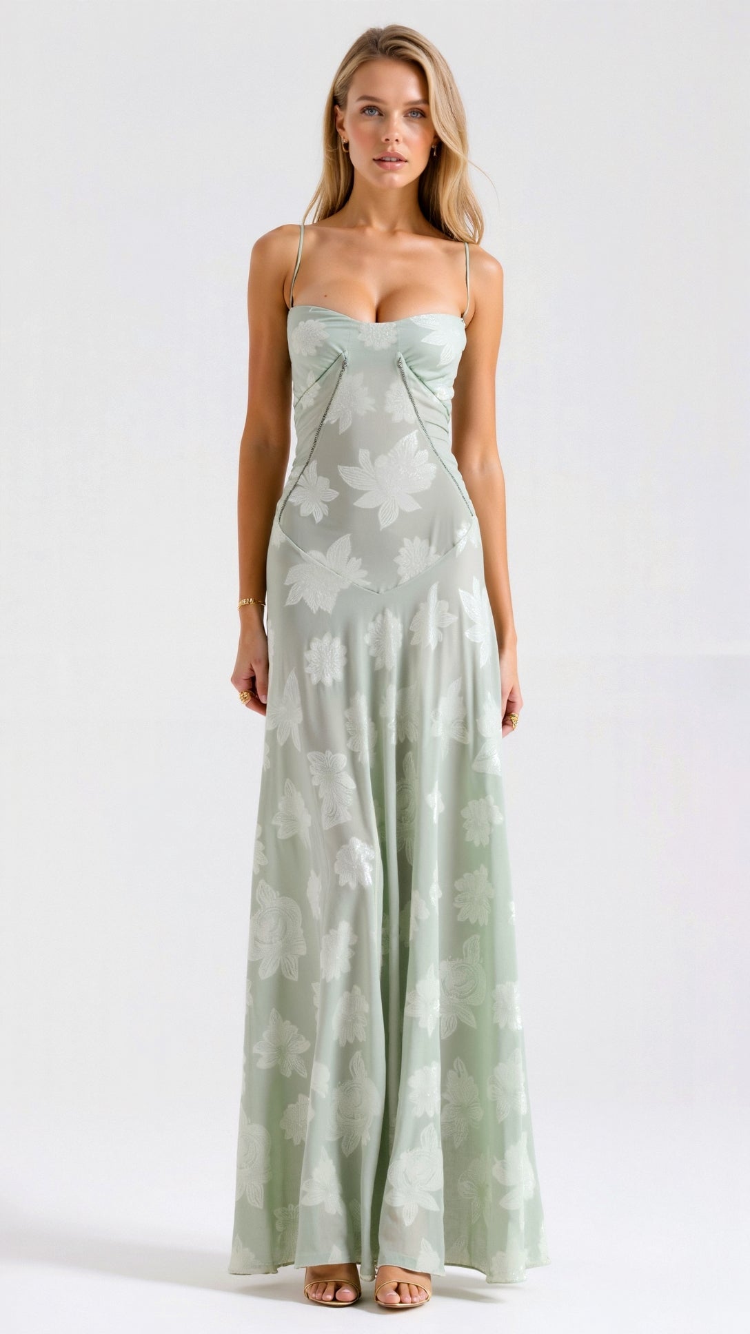 Sukienka maxi damska – cienkie ramiączka, gorsetowa góra - Arkadya Outlet - Women Maxi Dress
