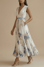 Sukienka maxi damska w kwiaty bez rękawów z dekoltem w serek – plisowana, kontrastowy pas w talii - Arkadya Outlet - Women Maxi Dress
