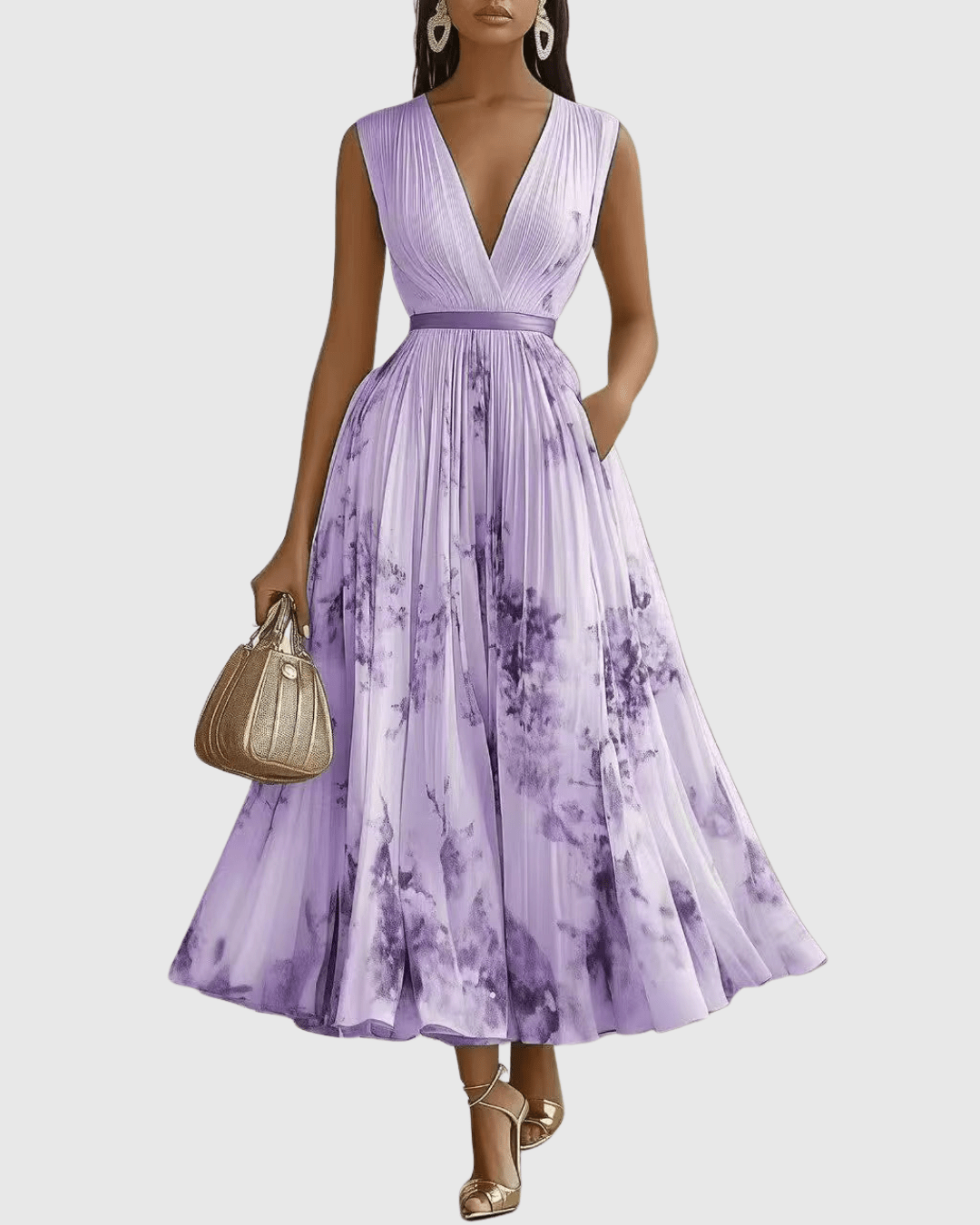 Sukienka maxi damska w kwiaty bez rękawów z dekoltem w serek – plisowana, kontrastowy pas w talii - Arkadya Outlet - Women Maxi Dress