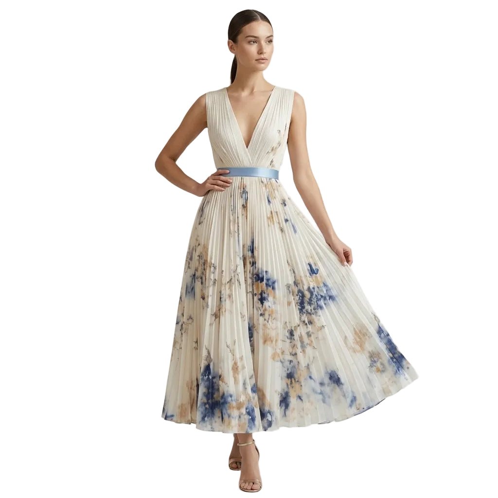Sukienka maxi damska w kwiaty bez rękawów z dekoltem w serek – plisowana, kontrastowy pas w talii - Arkadya Outlet - Women Maxi Dress