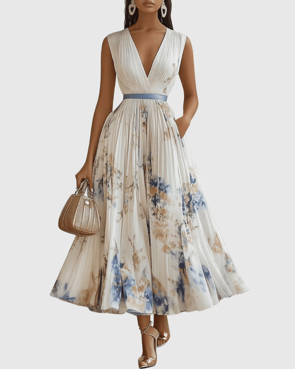 Sukienka maxi damska w kwiaty bez rękawów z dekoltem w serek – plisowana, kontrastowy pas w talii - Arkadya Outlet - Women Maxi Dress