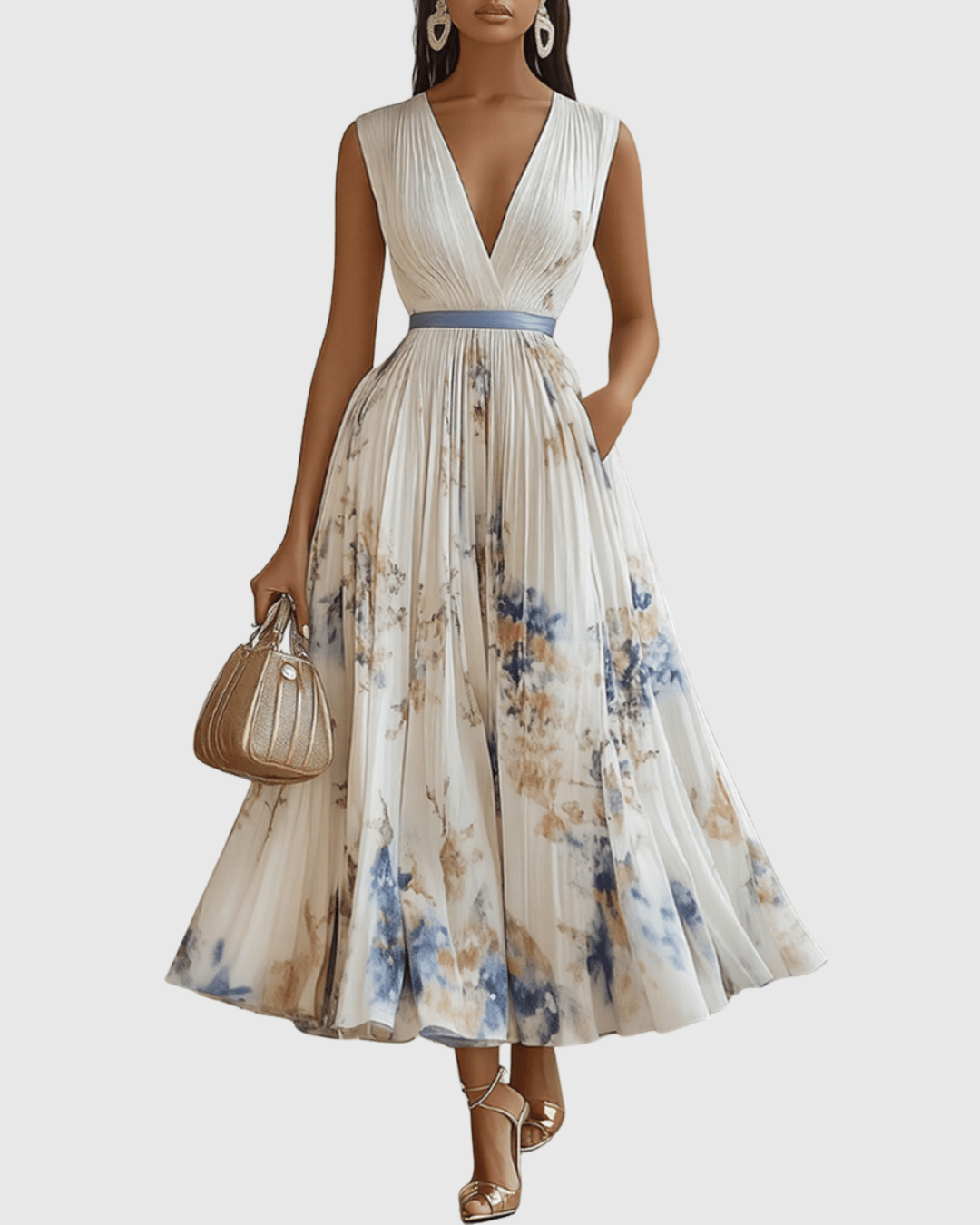 Sukienka maxi damska w kwiaty bez rękawów z dekoltem w serek – plisowana, kontrastowy pas w talii - Arkadya Outlet - Women Maxi Dress