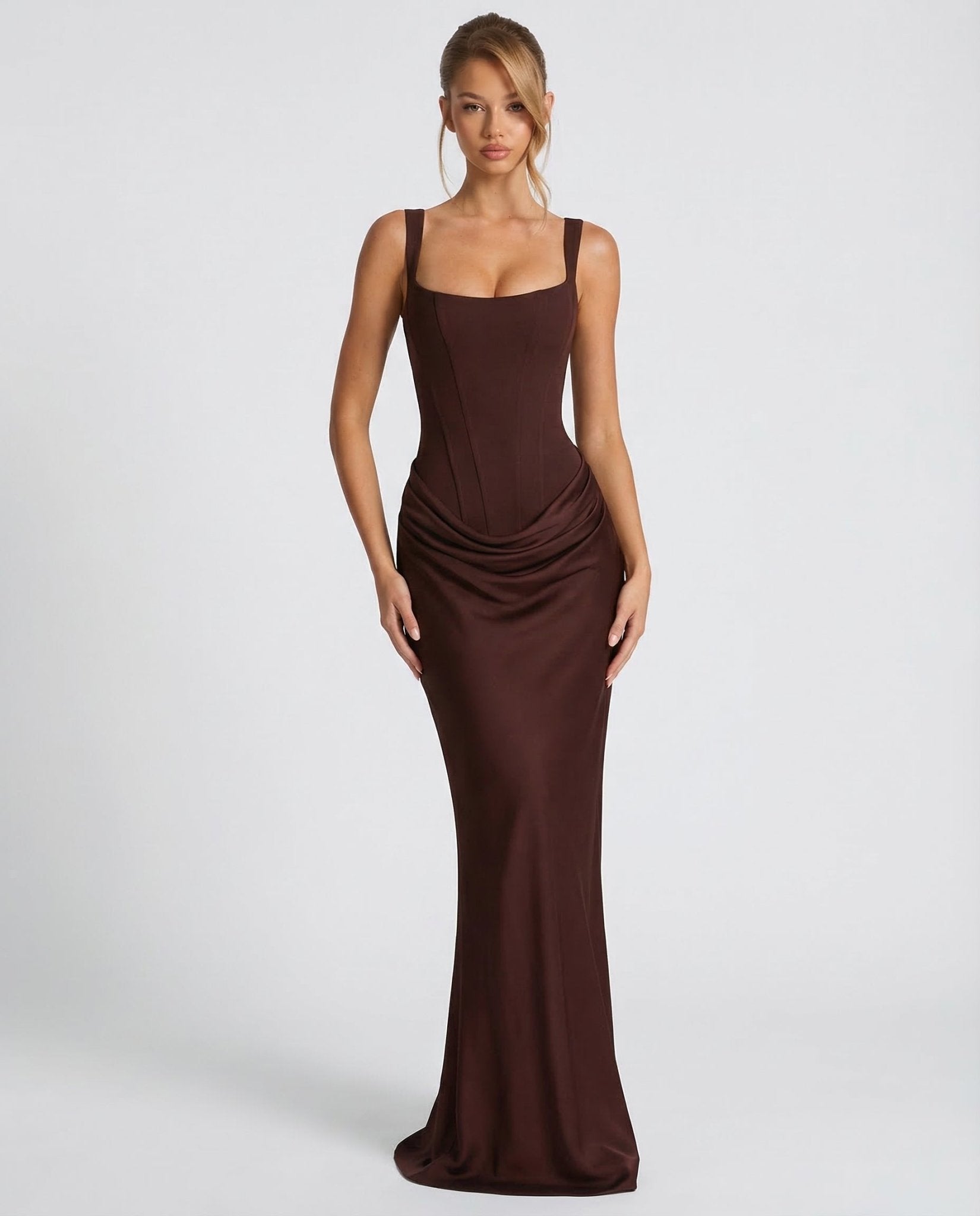 Sukienka maxi gorsetowa z drapowaniem - Arkadya Outlet - Women Maxi Dress