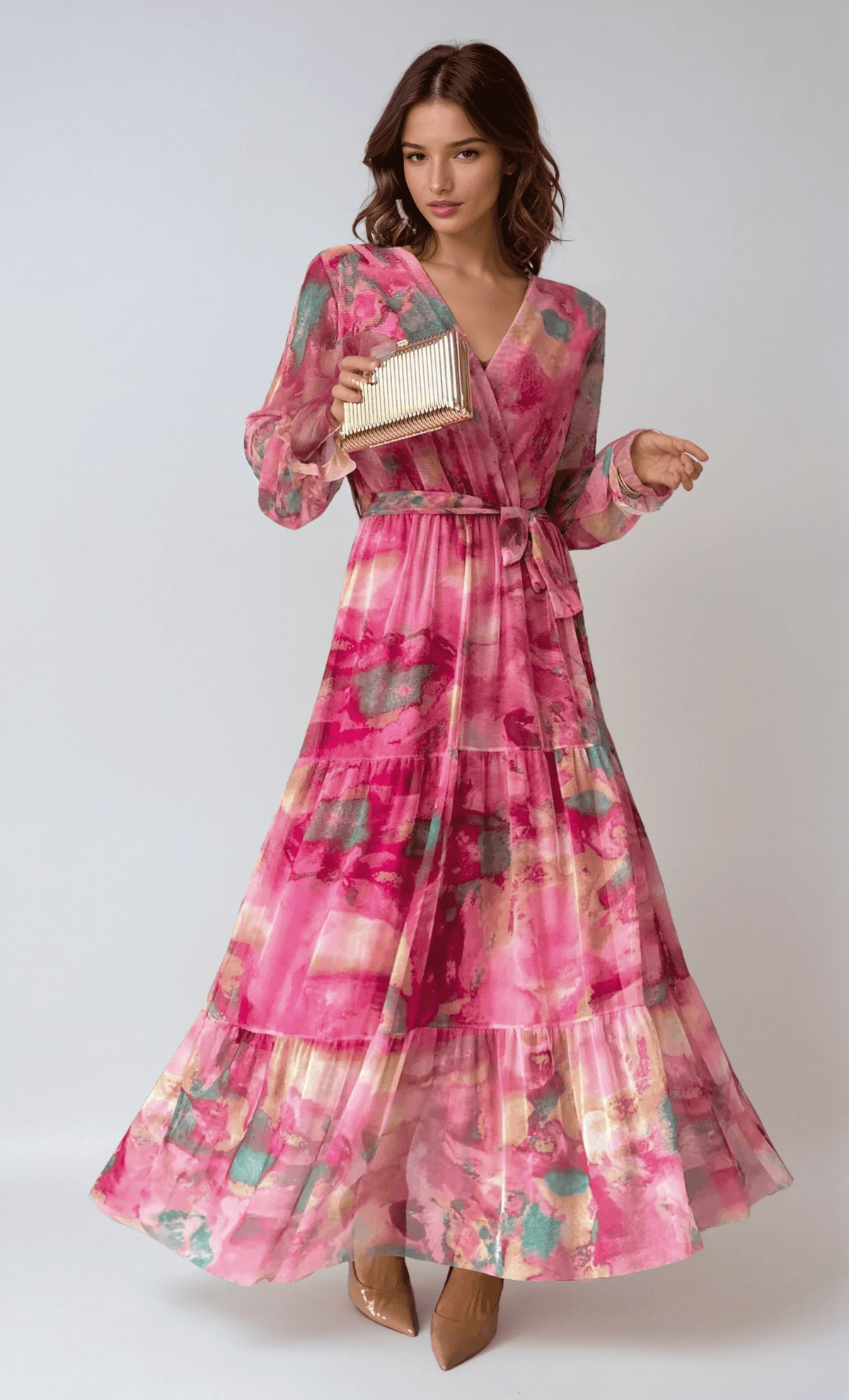 Sukienka maxi kopertowa z długim rękawem - Arkadya Outlet - Women Maxi Dress