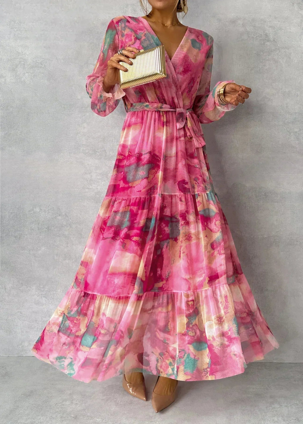Sukienka maxi kopertowa z długim rękawem - Arkadya Outlet - Women Maxi Dress