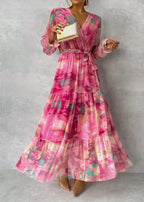 Sukienka maxi kopertowa z długim rękawem - Arkadya Outlet - Women Maxi Dress