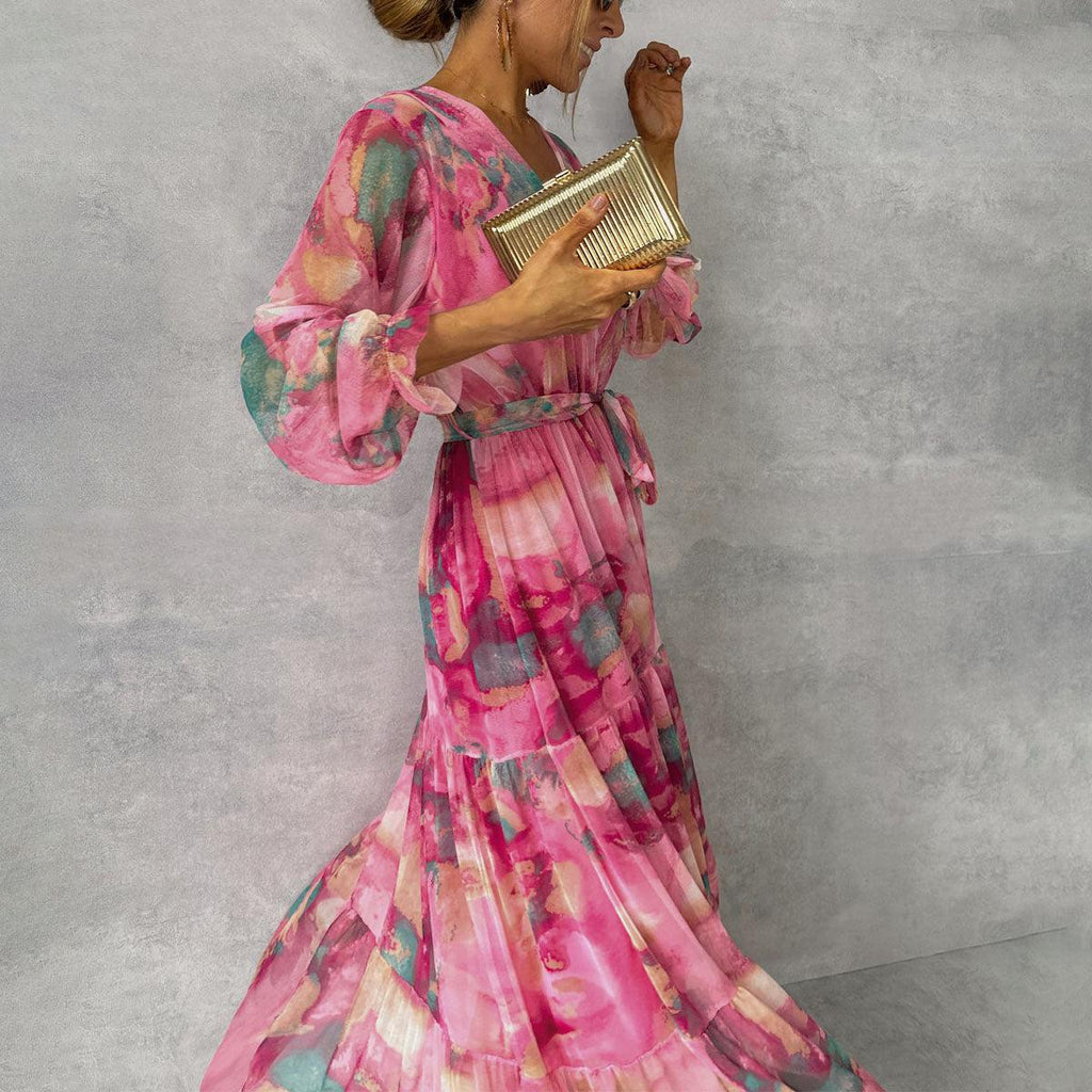 Sukienka maxi kopertowa z długim rękawem - Arkadya Outlet - Women Maxi Dress