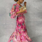 Sukienka maxi kopertowa z długim rękawem - Arkadya Outlet - Women Maxi Dress