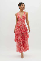 Sukienka maxi w kwiaty z warstwową spódnicą - Arkadya Outlet - Women Maxi Dress