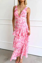 Sukienka maxi w kwiaty z warstwową spódnicą - Arkadya Outlet - Women Maxi Dress