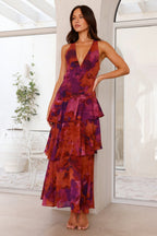 Sukienka maxi w kwiaty z warstwową spódnicą - Arkadya Outlet - Women Maxi Dress