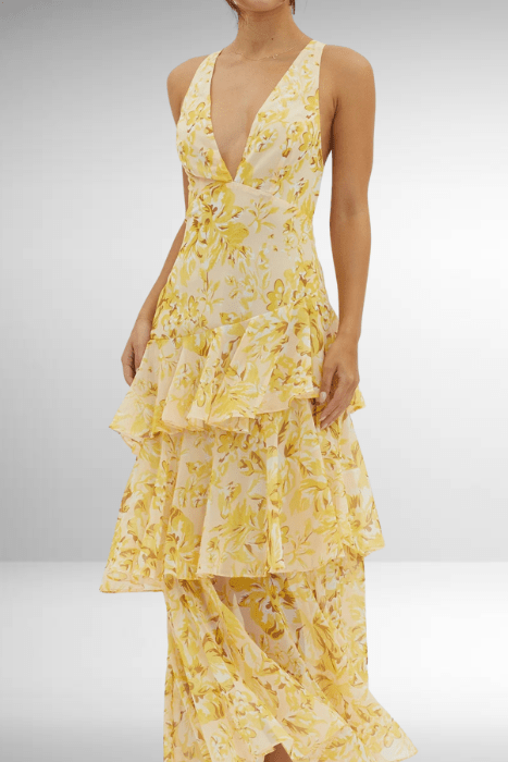 Sukienka maxi w kwiaty z warstwową spódnicą - Arkadya Outlet - Women Maxi Dress
