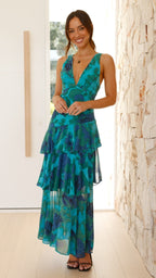 Sukienka maxi w kwiaty z warstwową spódnicą - Arkadya Outlet - Women Maxi Dress