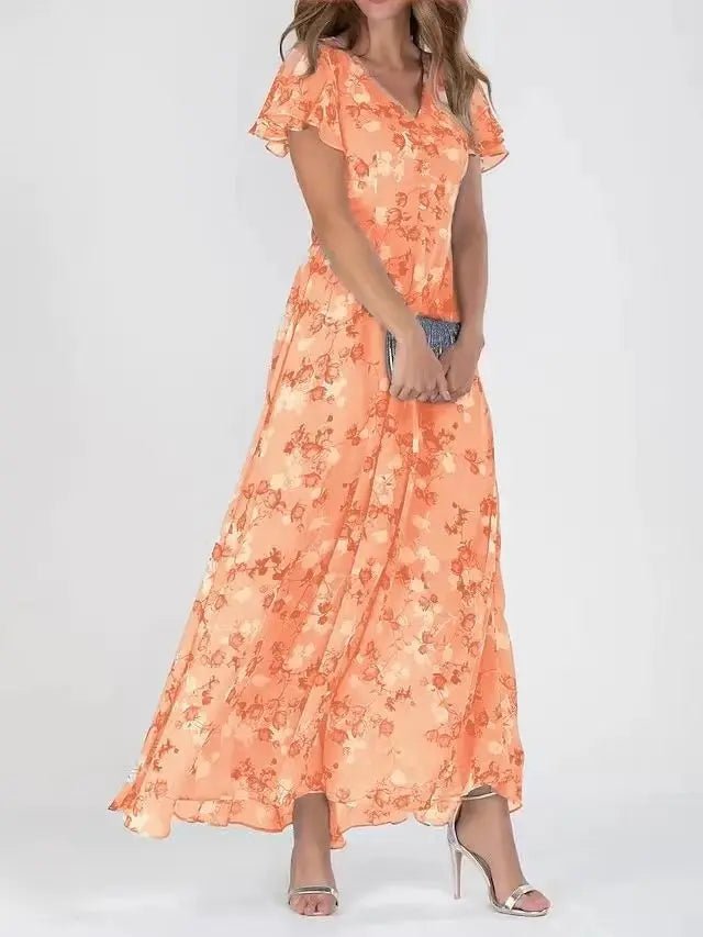 Sukienka maxi z dekoltem V i falbaniastymi rękawami - Arkadya Outlet - Women Maxi Dress