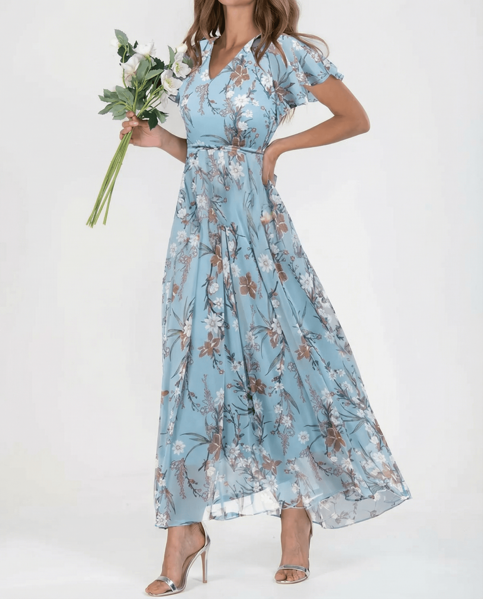 Sukienka maxi z dekoltem V i falbaniastymi rękawami - Arkadya Outlet - Women Maxi Dress