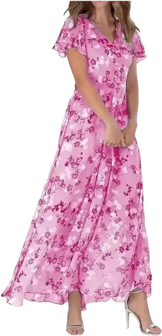 Sukienka maxi z dekoltem V i falbaniastymi rękawami - Arkadya Outlet - Women Maxi Dress