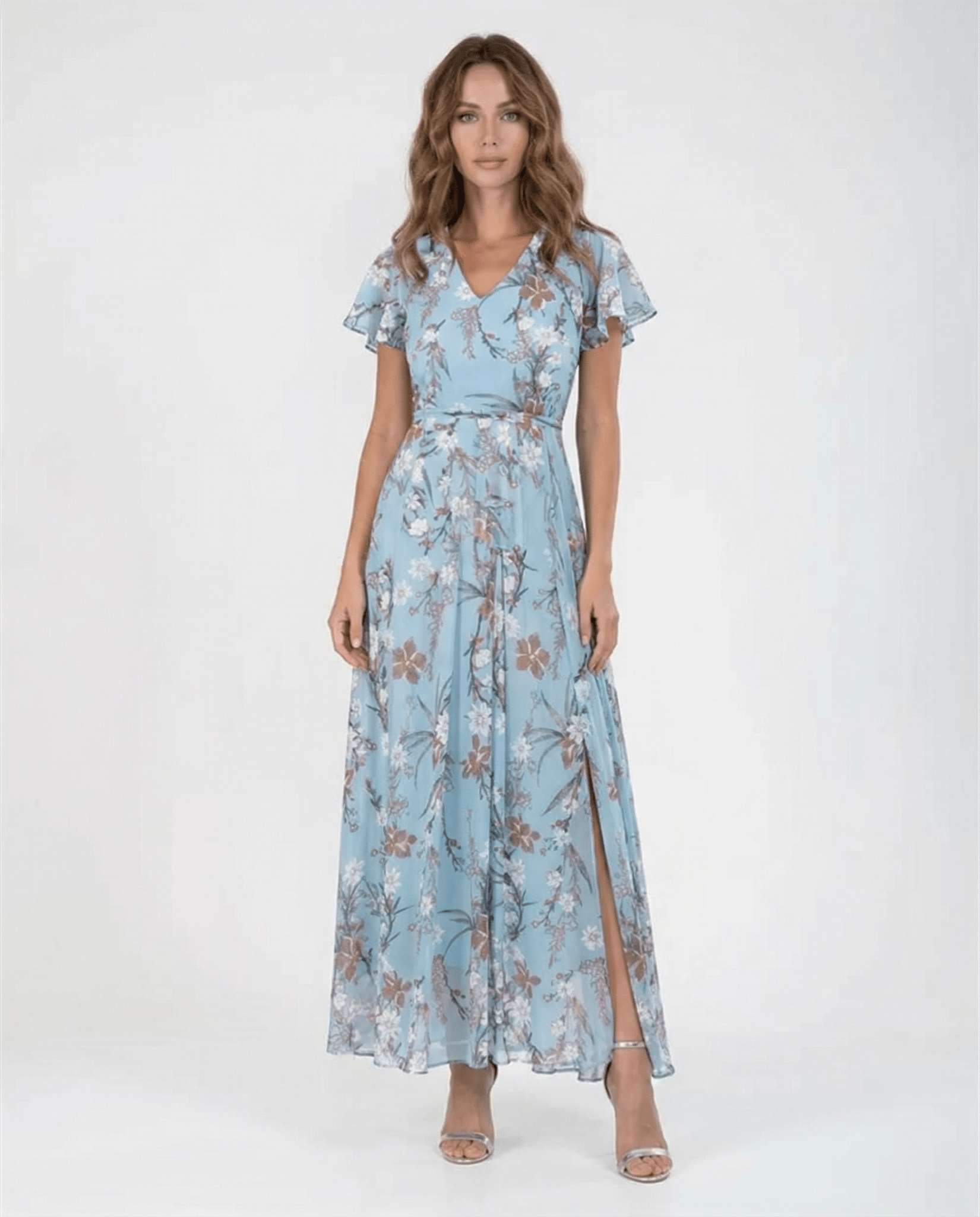 Sukienka maxi z dekoltem V i falbaniastymi rękawami - Arkadya Outlet - Women Maxi Dress