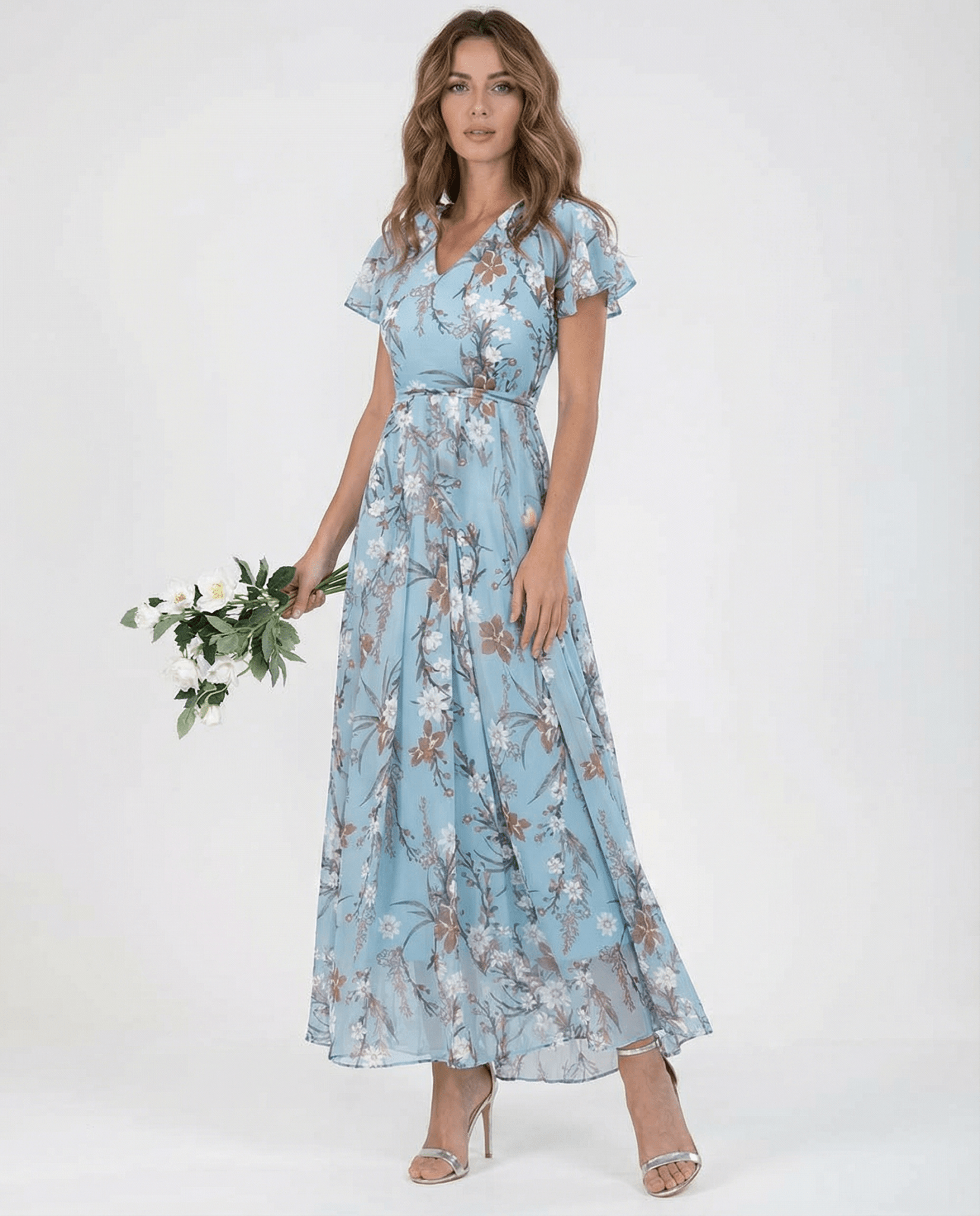 Sukienka maxi z dekoltem V i falbaniastymi rękawami - Arkadya Outlet - Women Maxi Dress