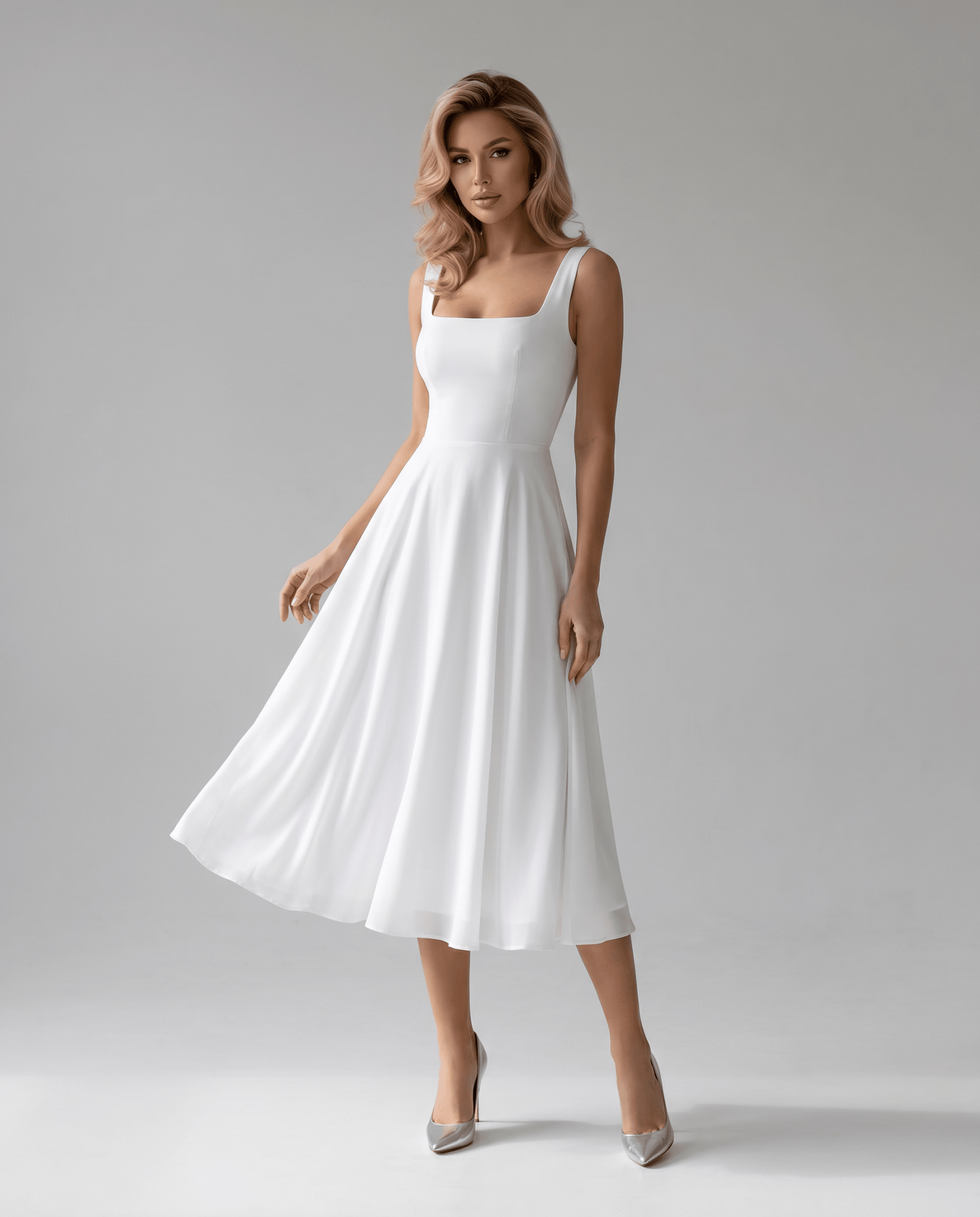 Sukienka midi A - line z kwadratowym dekoltem - Arkadya Outlet - Women Midi Dress