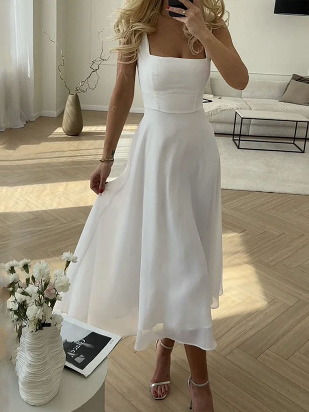 Sukienka midi A - line z kwadratowym dekoltem - Arkadya Outlet - Women Midi Dress