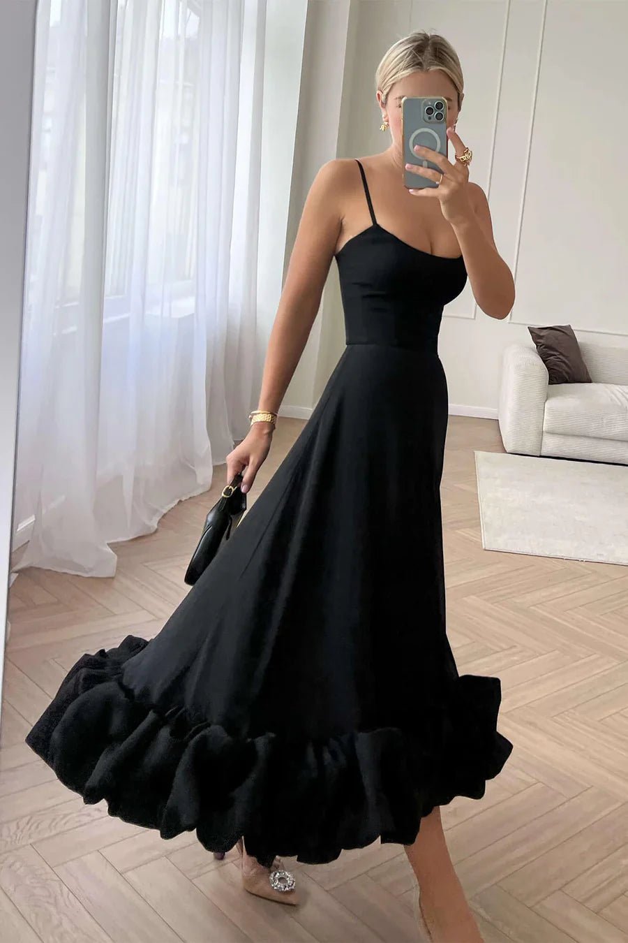 Sukienka midi asymetryczna z falbaną - Arkadya Outlet - Women Midi Dress