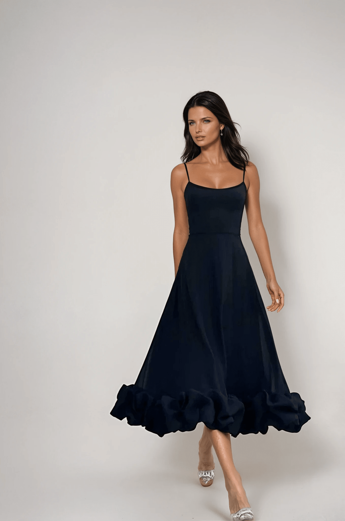 Sukienka midi asymetryczna z falbaną - Arkadya Outlet - Women Midi Dress