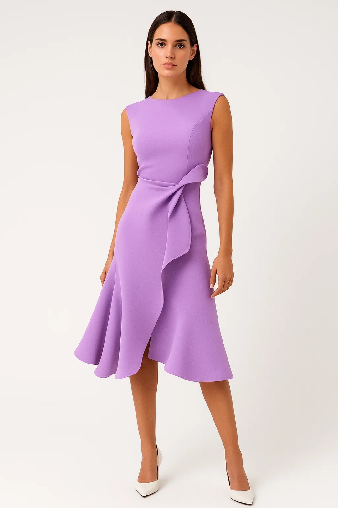 Sukienka midi damska – bez rękawów, asymetryczna talia - Arkadya Outlet - Women Midi Dress