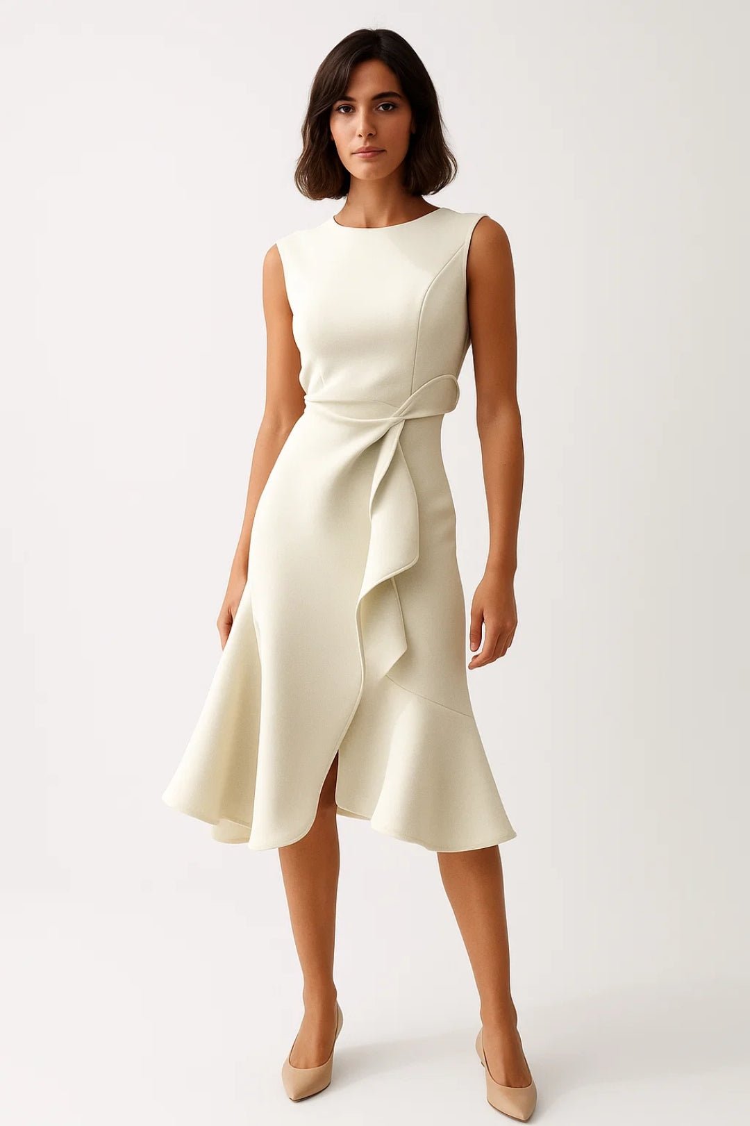 Sukienka midi damska – bez rękawów, asymetryczna talia - Arkadya Outlet - Women Midi Dress