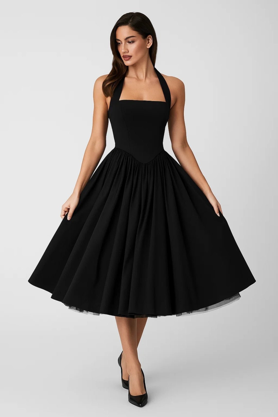 Sukienka midi damska – dekolt halter, rozkloszowany dół - Arkadya Outlet - Women Midi Dress