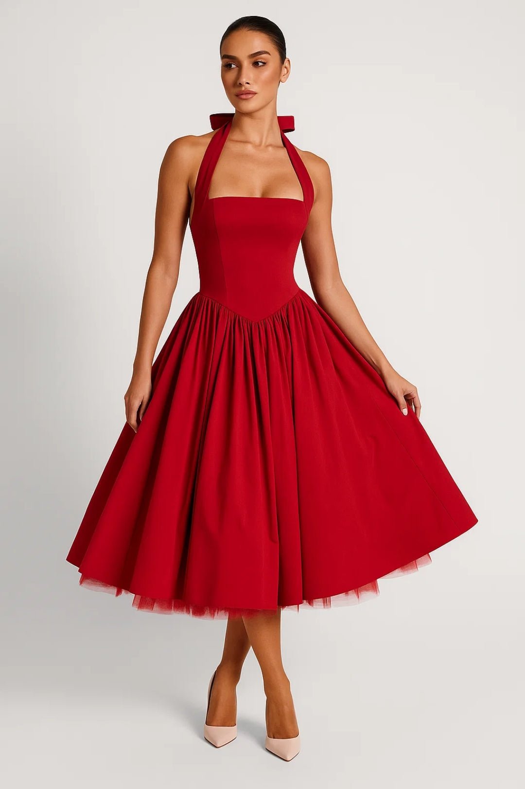 Sukienka midi damska – dekolt halter, rozkloszowany dół - Arkadya Outlet - Women Midi Dress