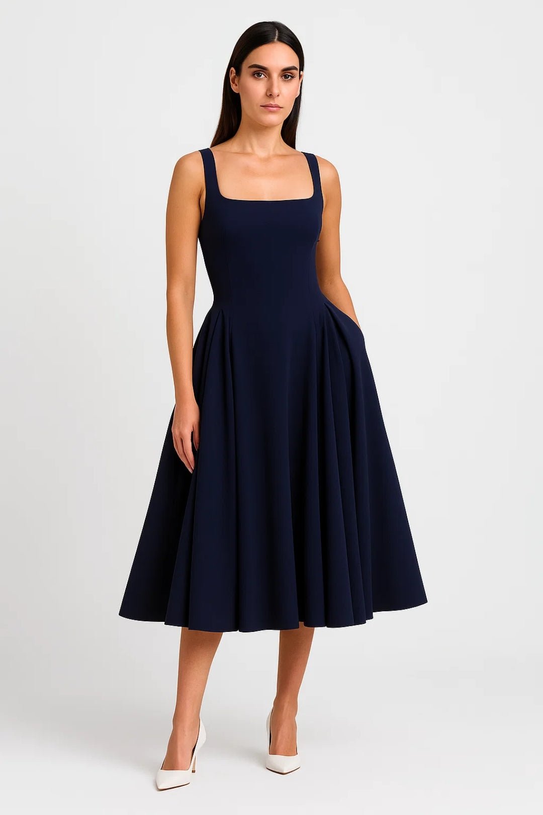 Sukienka midi damska – dopasowana góra, rozkloszowany dół - Arkadya Outlet - Women Midi Dress