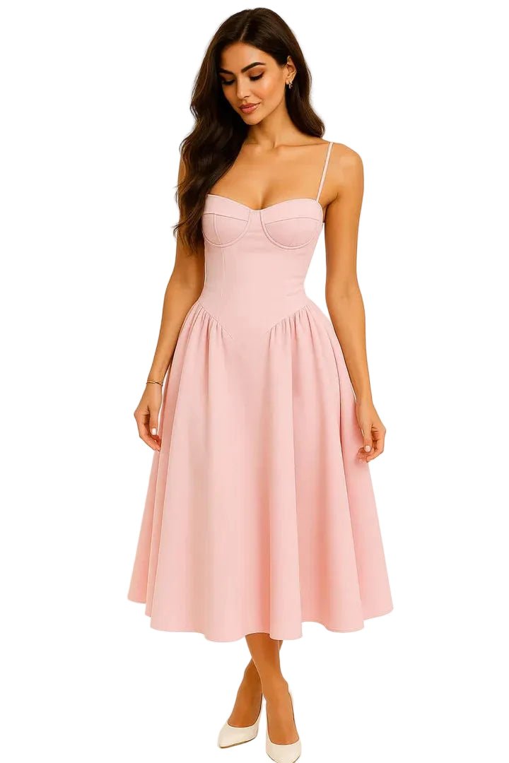 Sukienka midi damska elegancka na cienkich ramiączkach – długość poniżej kolana - Arkadya Outlet - Women Midi Dress
