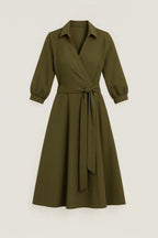 Sukienka midi damska kopertowa – długi rękaw, wiązanie - Arkadya Outlet - Women Midi Dress