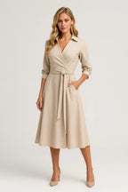 Sukienka midi damska kopertowa – długi rękaw, wiązanie - Arkadya Outlet - Women Midi Dress