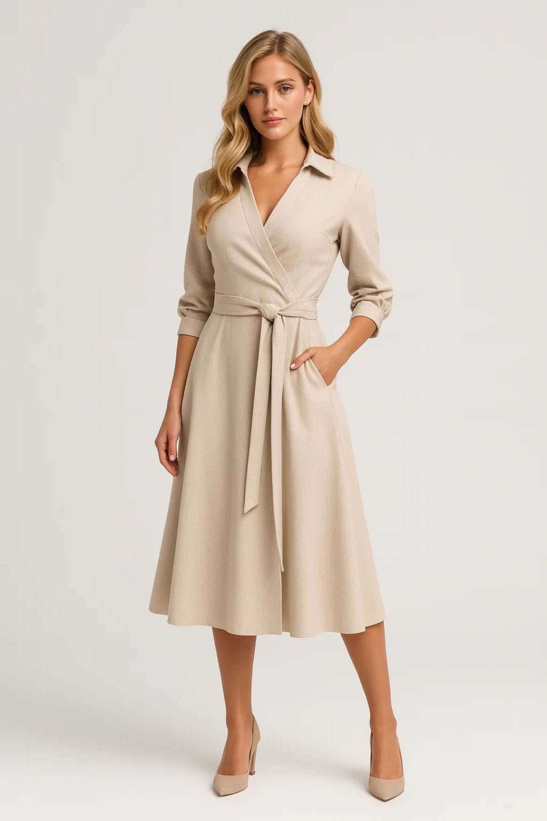 Sukienka midi damska kopertowa – długi rękaw, wiązanie - Arkadya Outlet - Women Midi Dress