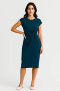 Sukienka midi damska – krótki rękaw, okrągły dekolt - Arkadya Outlet - Women Midi Dress