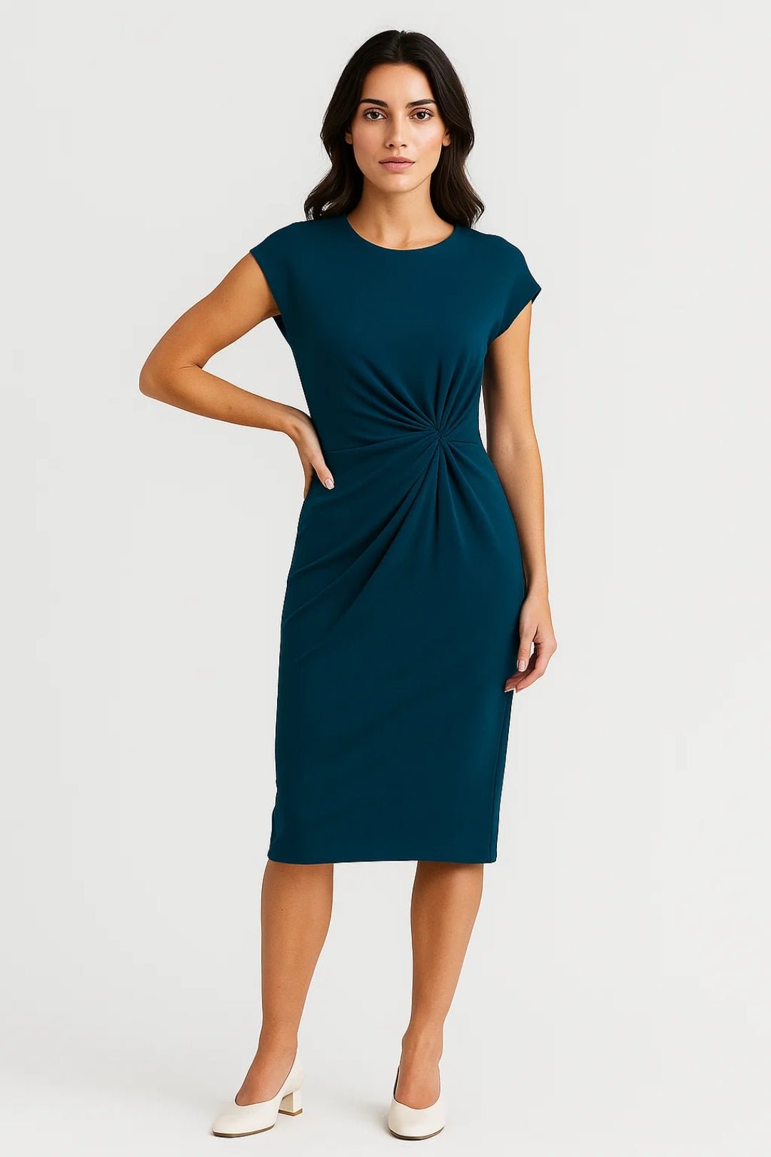 Sukienka midi damska – krótki rękaw, okrągły dekolt - Arkadya Outlet - Women Midi Dress