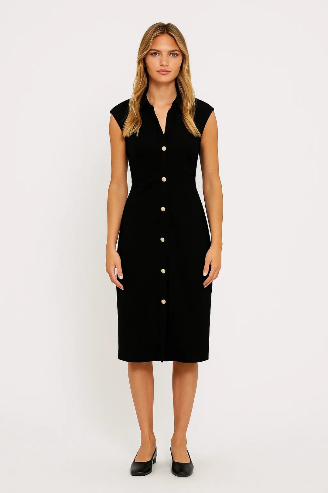 Sukienka midi damska – stójka, guziki, bez rękawów - Arkadya Outlet - Women Midi Dress