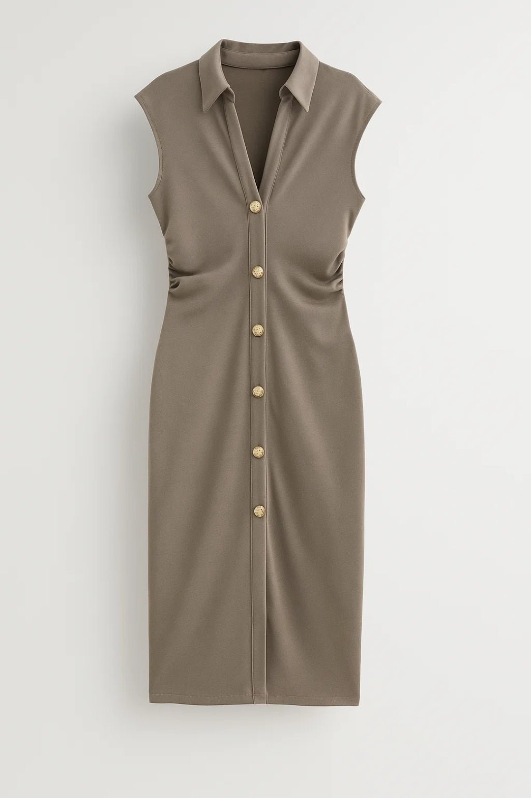 Sukienka midi damska – stójka, guziki, bez rękawów - Arkadya Outlet - Women Midi Dress